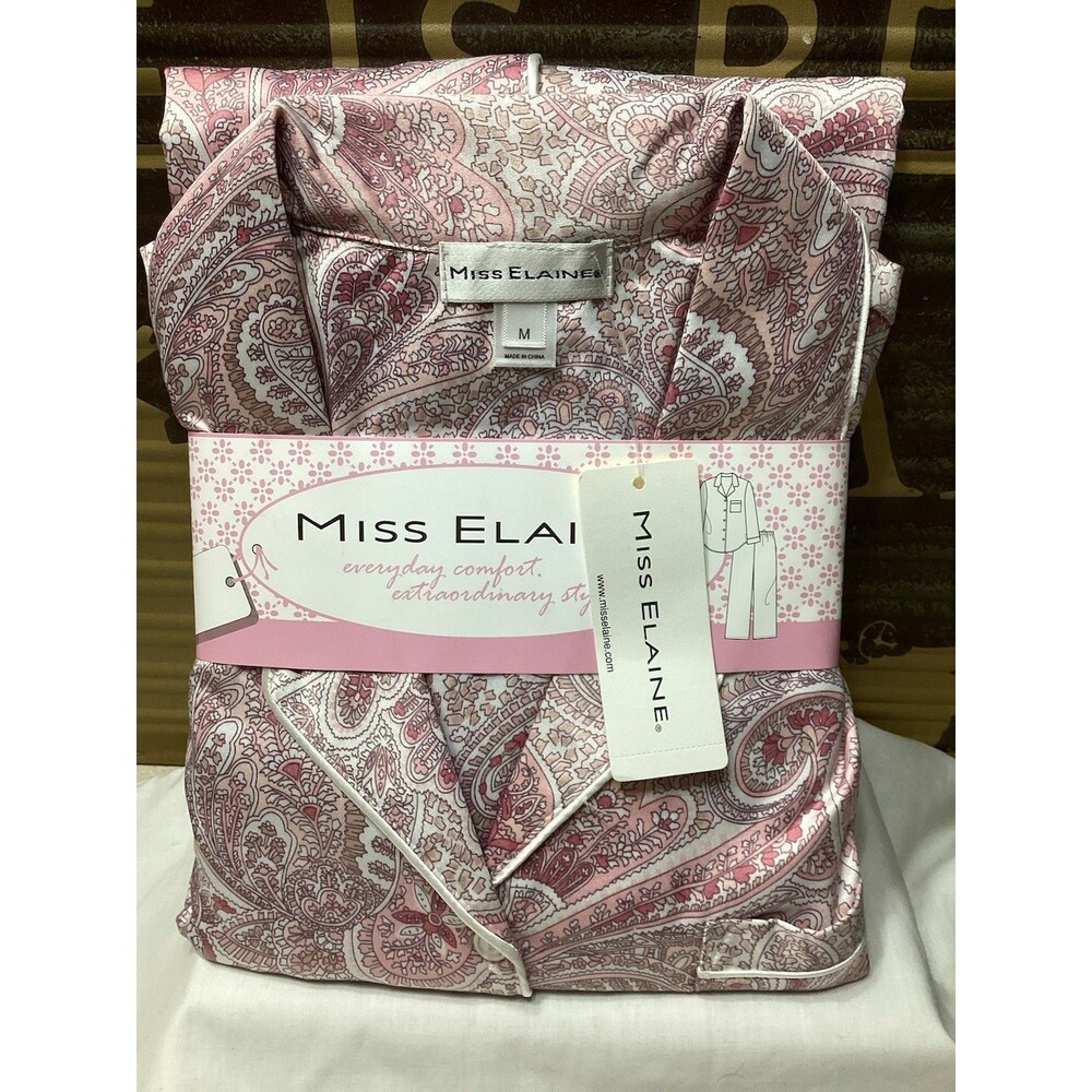 MISS ELAINE Size Medium Pajama PJ Set Pink Button Down L/S Polyester Blend NWT - Picture 2 of 10